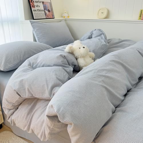 Image of mixinni Striped Duvet Cover Set- 100% Washed Cotton Blue Comforter Cover with White Pinstripe Stripes Pattern Printed Bedding Set with Zipper Closure, 3 Pieces,Full Size