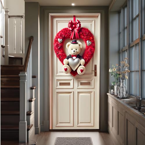 Image of Tuxedo Teddy Bear Red Rose Heart Door Cover 35x70in Love Wedding