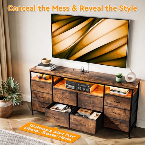 63.3 Inch Dresser for Bedroom, 10 Drawer Dresser TV Stand for 65 70 75 Inch TV, Fabric Chest of Drawers with LED Lights & Power Outlets, Long Entertainment Center for Closet, Living Room, Entryway