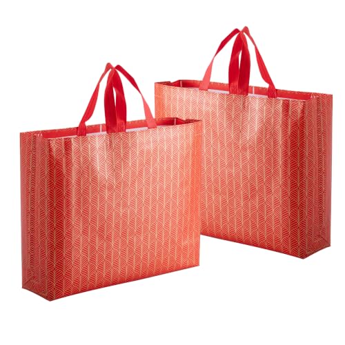 Image of Lavya Festive Special Large Size Return Gift Bags | Reusable Non-Woven Laminated Matt Finish Carry Bags for Gifting, Weddings, Festivals, Rakhi & Diwali (Red Gold Leaf, L-15x12.5x4, Pack of 10)