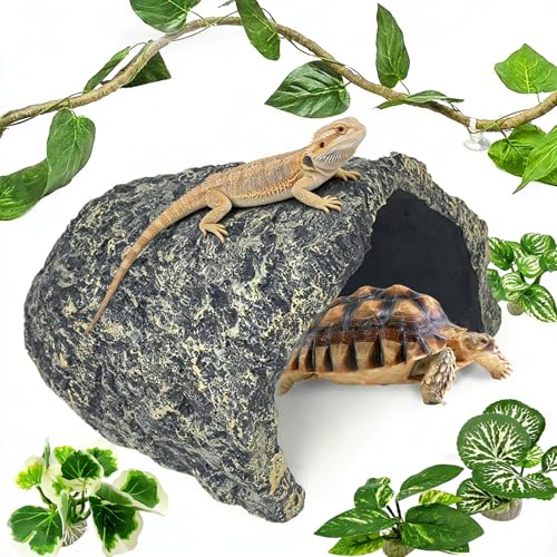 Tfwadmx Extra Large Reptile Hide Resin Snake Hides for Ball Python Tortoise Hideout Rock Cave with Vines Plants Leaves Bearded Dragons Terrarium Habitat Decor for Lizards Snakes Geckos TurtlesGrey