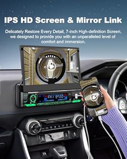 Y-METDRVIING Motorized Single Din Wired Carplay Car Stereo with Bluetooth 5.1, 7 Inch flip Out Touchscreen Car Radio MP5 Player,Flip up car Stereo with Android Auto, Mirror Link/USB/FM/Backup Camera