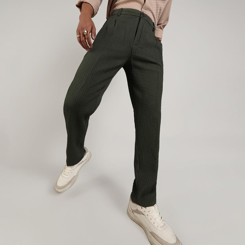 Image of CAHOOT Men's Forest Green Textured Graph Check Trousers for Casual Wear | Tailored Fit | Mid-Rise | Button Closure | Trousers Crafted with Comfort Fit for Everyday Wear