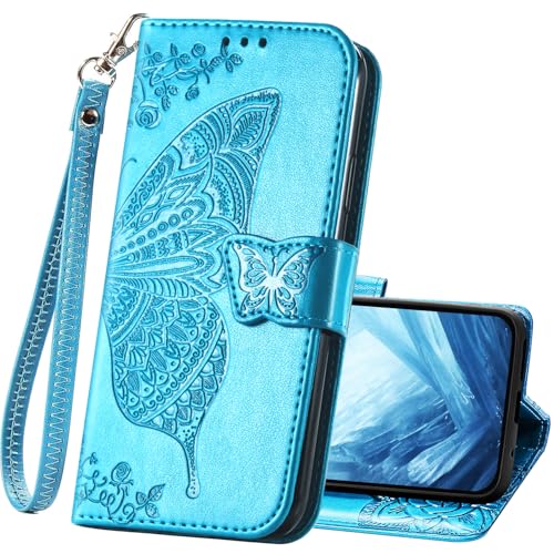 HAOTP Wallet Case for Google Pixel 10 Pro XL PU Leather Flip Protective Phone Cover Wrist Strap Card Slots Holder Pocket Emboss Butterfly Flower Stand Case Woman for Google Pixel 10 Pro XL Blue