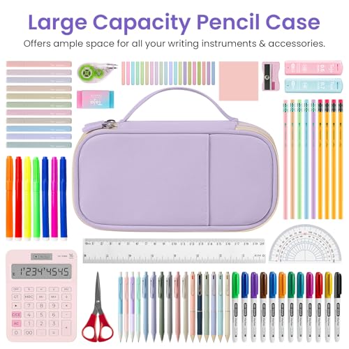 Image of Taja Large Pencil Case Pouch For Girls, Big Cute Pencil Pen Bag Organizer with Zipper Compartments & Handle, Aesthetic Stationery Storage & School Supplies for Teens Boys - Purple