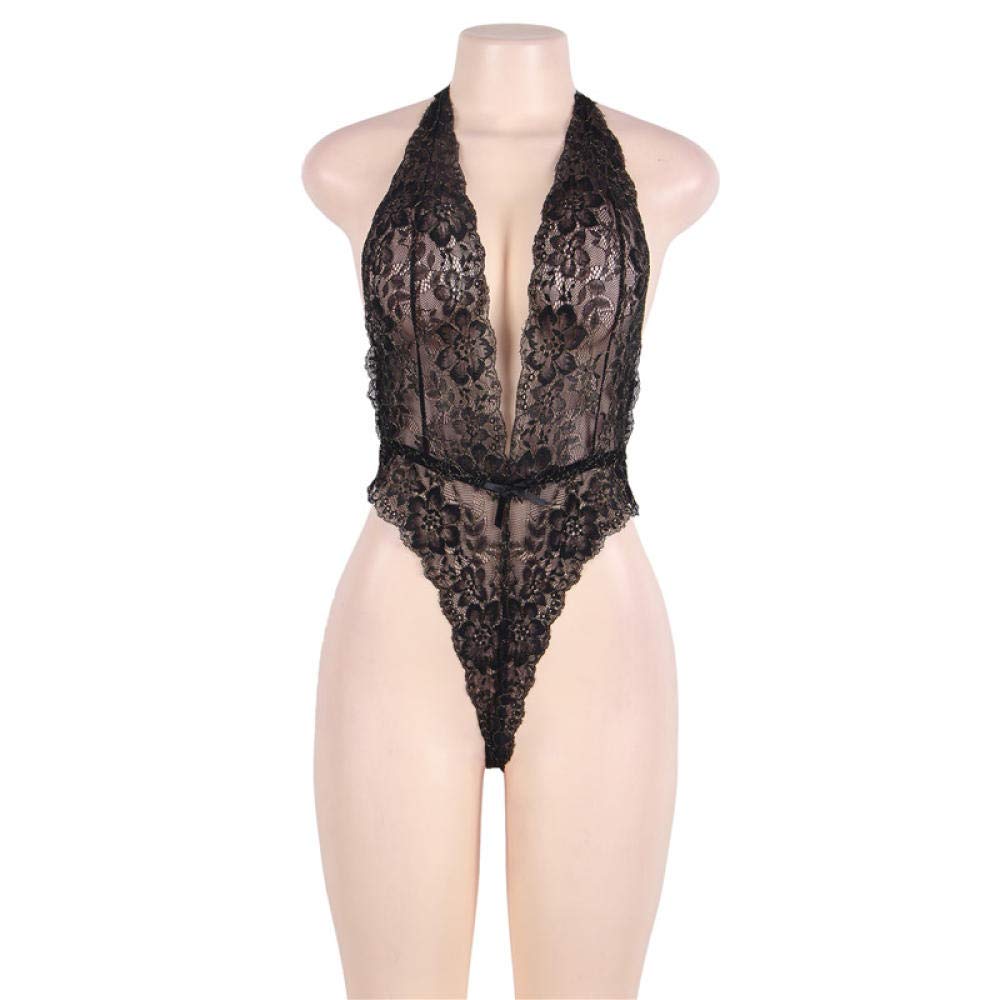 Conjuntos de lencería de Mujer Ropa Interior Pijama Transparente Encaje de una Pieza (Negro Talla única (Recomendada 90)