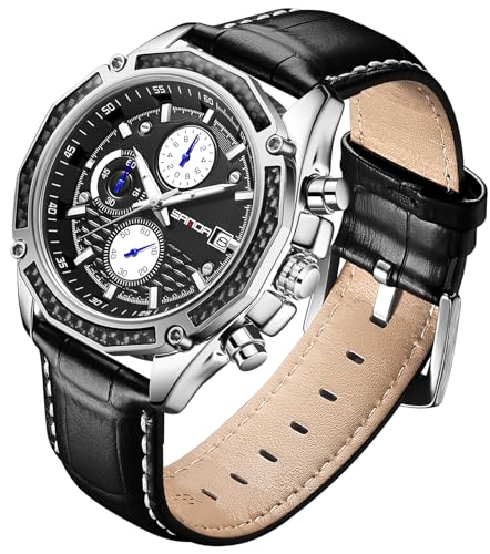 TICKEEN Herrenuhren für Herren analoge Quarz Uhren mit wasserdichtem Chronographen Kalender Lederarmband Edelstahluhr, Klassische stilvolle Mode Sport Casual Business Armbanduhr (Schwarz)