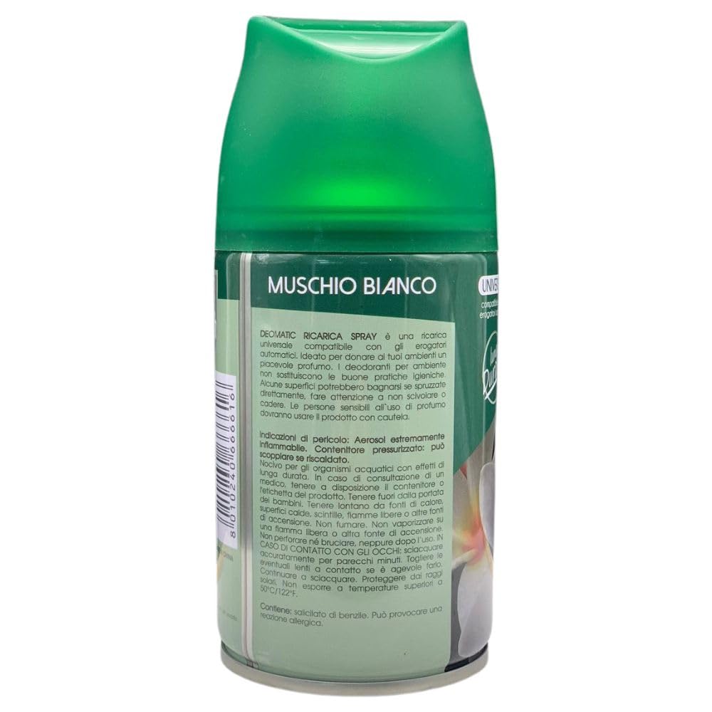 12X Deomatic, Ricarica Spray Compatibile con gli Erogatori Automatici, Ideato per Donare ai Tuoi Ambienti un Piacevole Profumo, 250ml, Disponibile in Diverse Fragranze (Muschio Bianco)