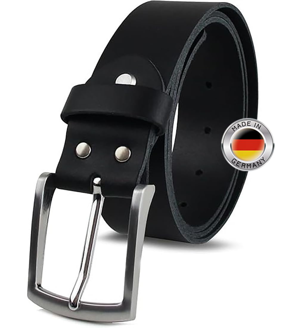 FOMAX Herren Ledergürtel aus Büffelleder, Gürtel Handgemacht, MADE IN GERMANY, für Männer Jeans Anzug, 38mm breit, Länge kürzbar, Echtleder schwarz (Bundweite 125cm)