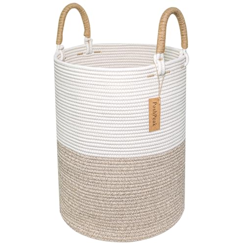 Image of Cotton Rope Laundry Basket with handle, Tall Woven Storage Basket for Blankets, Wicker Laundry Basket, Baby Clothes Hamper, Dirty Clothes, Blanket Basket for Living Room, Bedroom - 56L White & Brown