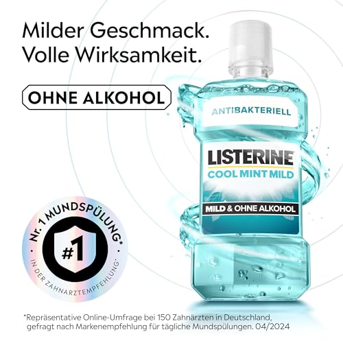 LISTERINE Cool Mint Mild 500 ml, antibakterielle Mundspülung mit ätherischen Ölen und ohne Alkohol, mildes Mundwasser bekämpft wirksam Bakterien, optimale Ergänzung zur täglichen Zahnpflege