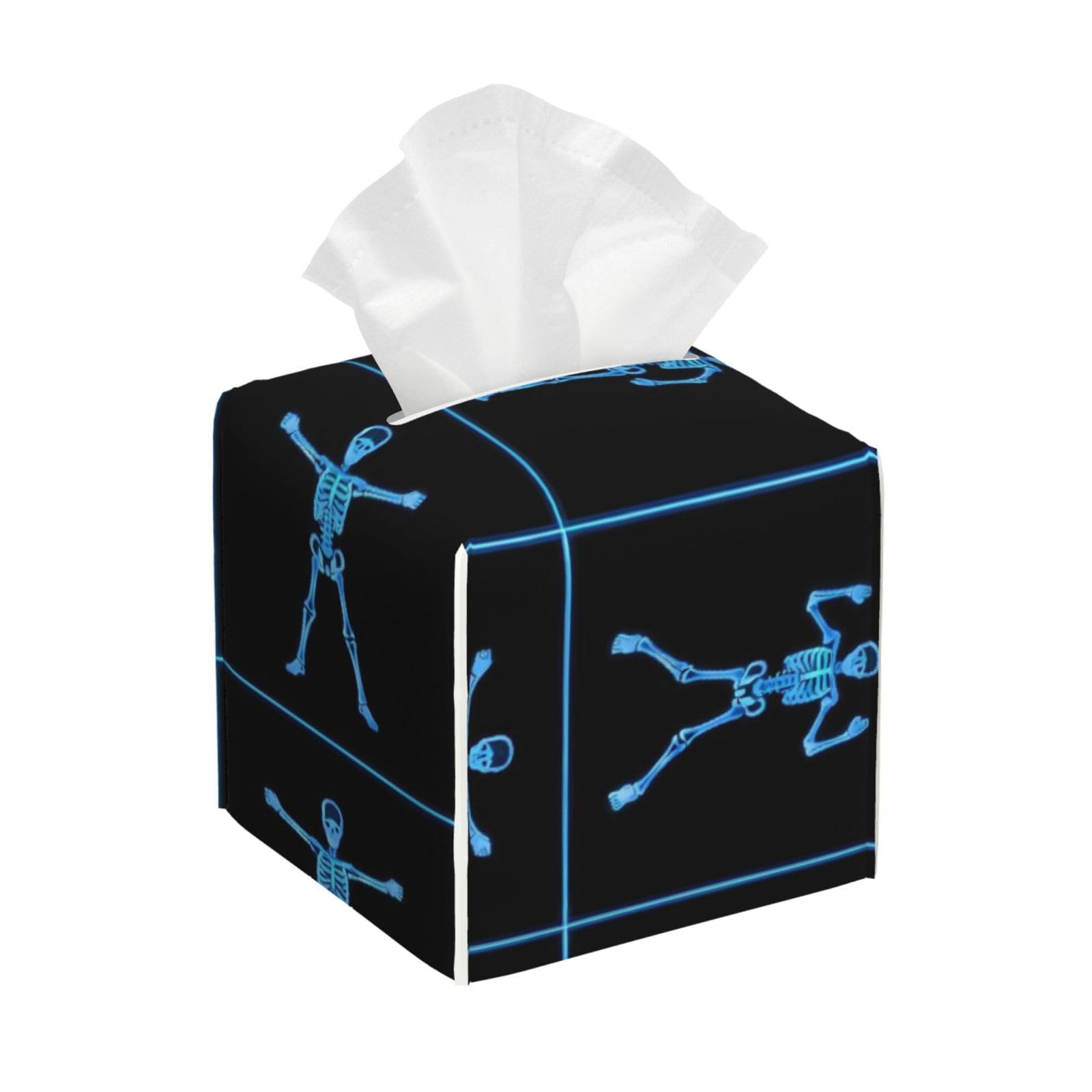 Halloween Skeleton Blue Leather Tissue Box Cover Holder Square Facial Paper Organizer 5.2" X 5.2" X 5.2"
