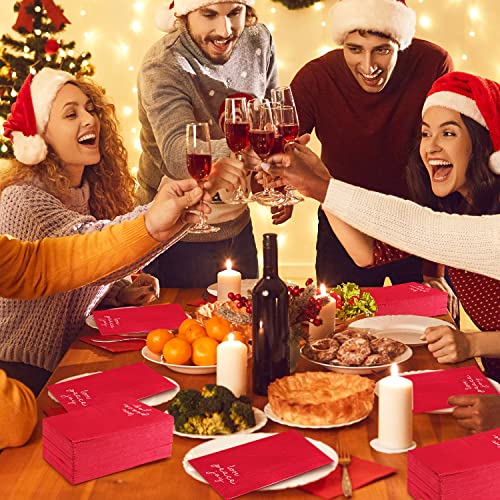 Quera 100 Pack Christmas Paper Napkins 4.38'' X 7.88'' Joy Peace Love Disposable White Decorative Table Napkin for New Year Winter Dinner Merry Christmas Holiday Xmas Decor Party Supplies red white – Image 5