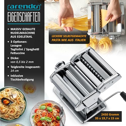Arendo - Nudelmaschine Pasta Maker – Edelstahl – Nudelpresse – 7 einstellbare Stärken - manuell - Duplexvorsatz für Tagliolini Spaghetti… – Ansicht 2