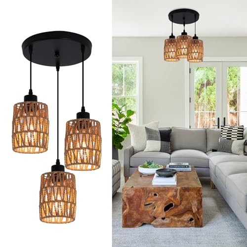 JIINOO Lampade A Sospensione In Rattan, illuminazione a sospensione bruno industriale, lampadario in vimini intrecciato regolabile, lampada da soffitto per sala da pranzo camera da letto, 3 luci