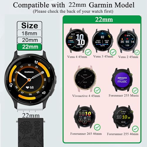 TUCOMO 5 Pack Floral Engraved Watch Bands Compatible with Garmin Venu 3 /Venu 2 / Venu 4 45mm /Vivoactive 4, 22mm Soft Silicone Sport Straps for Garmin Forerunner 255/265 Women - image 2