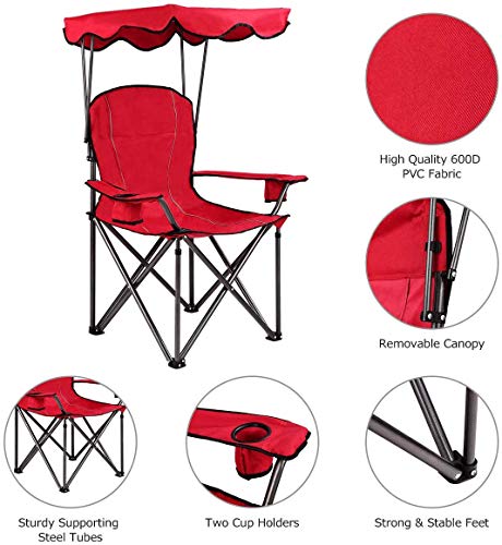 Goplus Beach Chair With Canopy Shade, Folding Lawn Chair With Unmbrella Cup Holder & Carry Bag, Portable Sunshade Chair For Adults For Outdoor Travel Hiking Fishing (Red) #TOP3