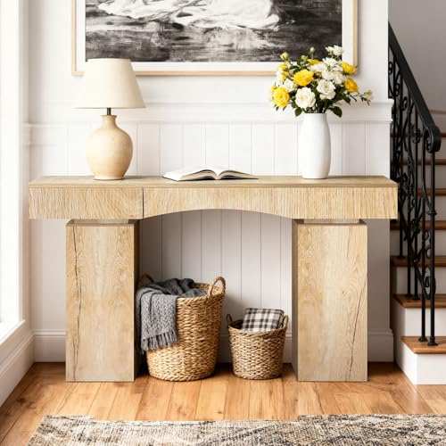 Image of Sonharlar 63 Inch Long Entryway Table Bold, Wooden Console Table with Socket Farmhouse Sofa Table for Entrance, Hallway, Living Room, Behind Couch(Natural Brown)