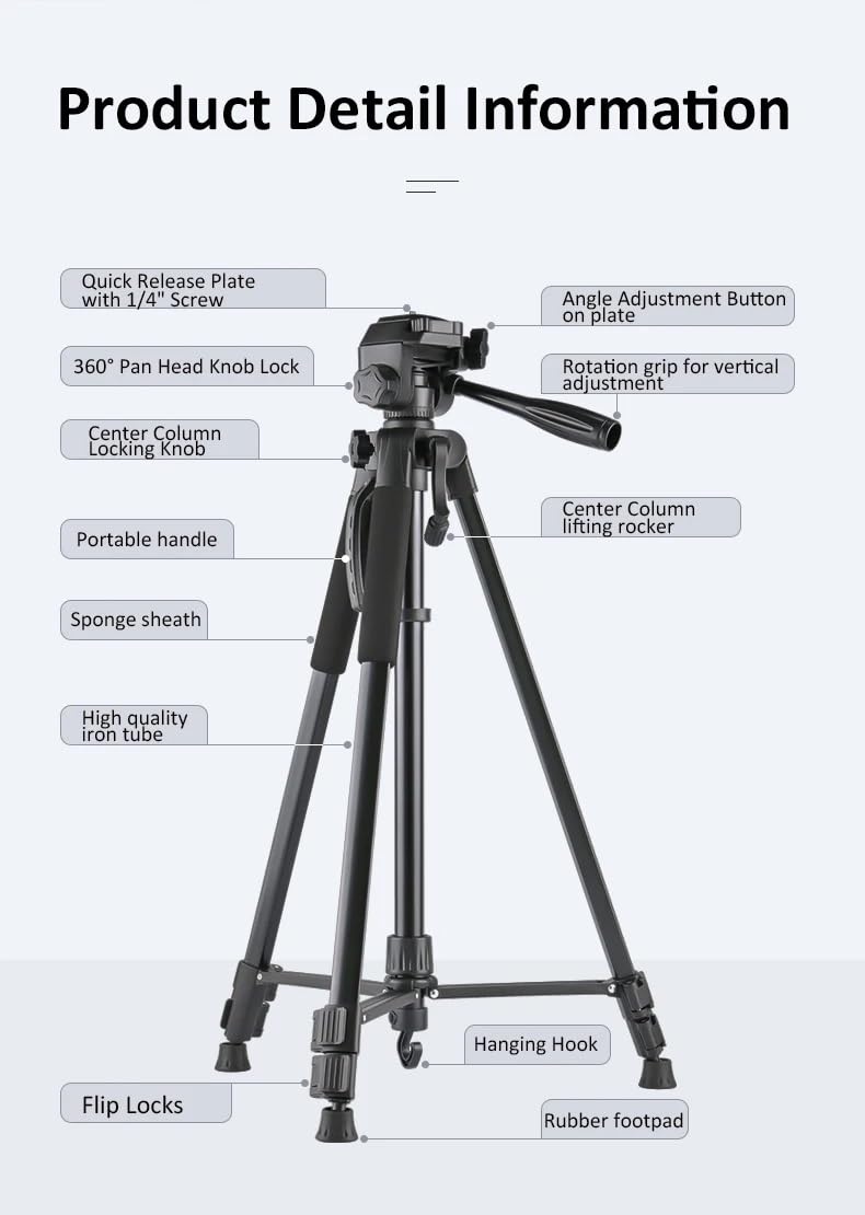 Trípode, 66 pulgadas, ajustable para teléfono inteligente y cámara, trípode universal de hierro, fuerte, estable y ligero, trípode DSLR con control remoto inalámbrico para vlogging/grabación de video