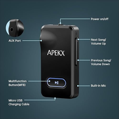 Miniatura 2 de APEKX Adaptador Bluetooth para automóvil, receptor de audio auxiliar inalámbrico de alta fidelidad de 0.138 in con batería de 15 horas, para estéreo