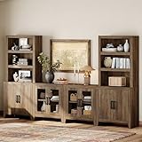 WAMPAT Entertainment Center with Bookshelves, 4-Piece Modular TV Stand with Storage Towers, Farmhouse Media Console with Glass Doors for Living Room, Bedroom, Brown