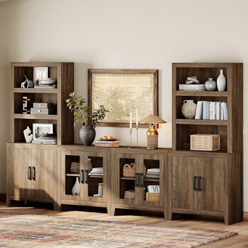 WAMPAT Entertainment Center with Bookshelves, 4-Piece Modular TV Stand with Storage Towers, Farmhouse Media Console with Glass Doors for Living Room, Bedroom, Brown