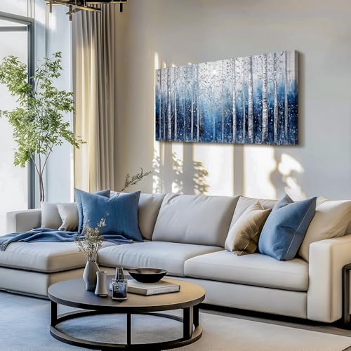 SERIMINO Birch Tree Landscape Wall Art, Abstract Forest Large Artwork for Walls, Modern Blue Aesthetic Canvas Prints, Nature Plant Trunk Wall Decor Living Room Bedroom Bathroom Kitchen 24"X48"