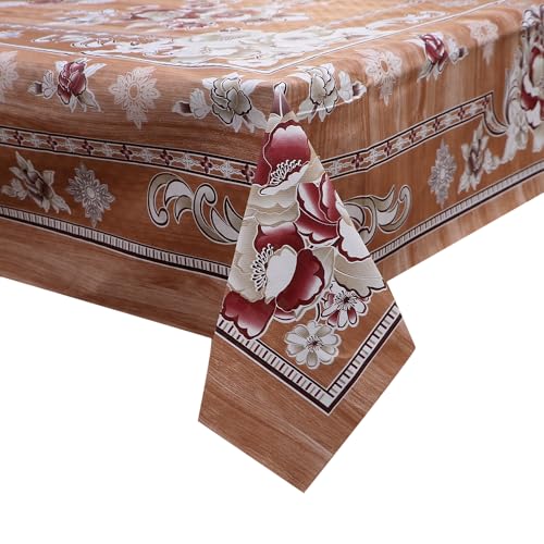 Image of Dakshya Industries Waterproof PVC Table Cover 60x90 Inch for Dining Table, Floral Printed Table Cloth, Washable Oilproof Table Protector, Plastic Cover for 6 Seater & 8 Seater Tables (Rust)