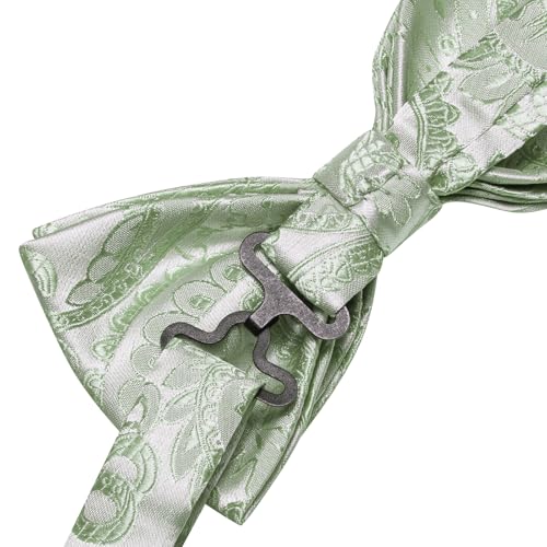 Image of Hi-Tie Bow Tie Men Pre Tied Bowtie Pocket Square Cufflinks Lapel Pin Formal Wedding Bow Ties for Men Party Tuxedo Bowtie Set,Light Green Paisley Floral
