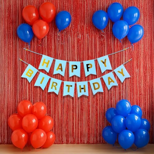 Image of Party Propz Birthday Decoration Kit For Husband - 41 Pcs Happy Birthday Decoration Kit with Red Foil Curtain, Red Balloons, Blue Balloons, Ribbons & Banner (Latex, Foil, Cardstock)
