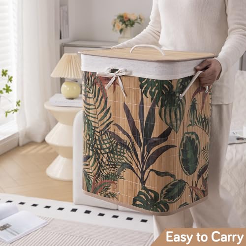 Image of HOKIPO Eco-Friendly Foldable Bamboo Laundry Basket Hamper with Lid, Large - 60 Liter, Ficus Leaves (AR-5749), Multicolor