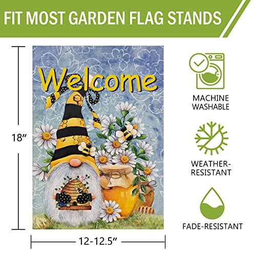 Furiaz Welcome Spring Honey Bee Gnome Garden Flag, Summer Yard Outdoor Home Decorative Burlap Lawn Outside Decoration, Daisy Flowers Small Decor Double Sided 12X18 #TOP1