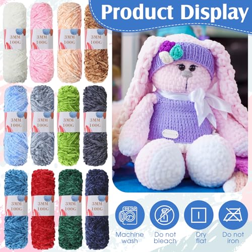 Image of Timgle 12 Pack Chenille Yarn for Crocheting, Soft Velvet Yarn 1312 Yards, 3 mm Thick Fluffy Plush for Hand Knitting Weaving Sweater Shawl Scarf Gloves DIY Craft, 109 Yards Each(Multicolor)