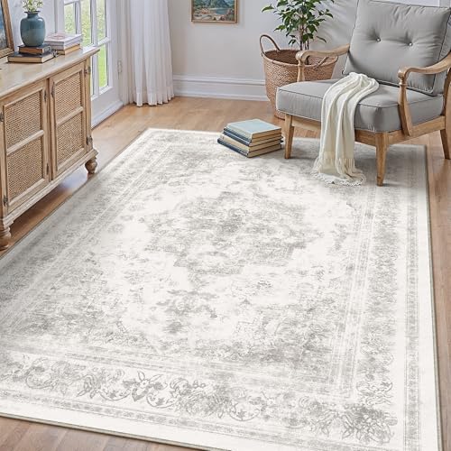 Area Rug 4x6 Washable Light Gray Rug Vintage Boho Medallion Entryway Door Mat Grey Distressed Retro Carpet Non Slip Low Pile Small Soft for Office Kitchen Bedroom Laundry Bathroom Hallway