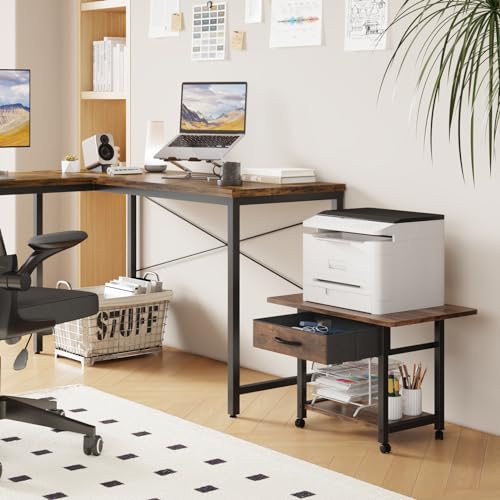 Image of YAOHUOO 22 inchx15 inch Large Printer Stand with Drawer, 2-Tier Rolling Table Cart | Under Desk Printer Table,Storage Fabric Drawer,Fit printer /fax /3d /scanner,4 Lock Wheels or Feet,For Home Office Dorms,Brown