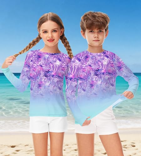 Image of AOBUTE Unisex Kids Rash Guard Long Sleeve SPF 50+ Sun Shirt UV Protection Swim Shirts 3-12 Years