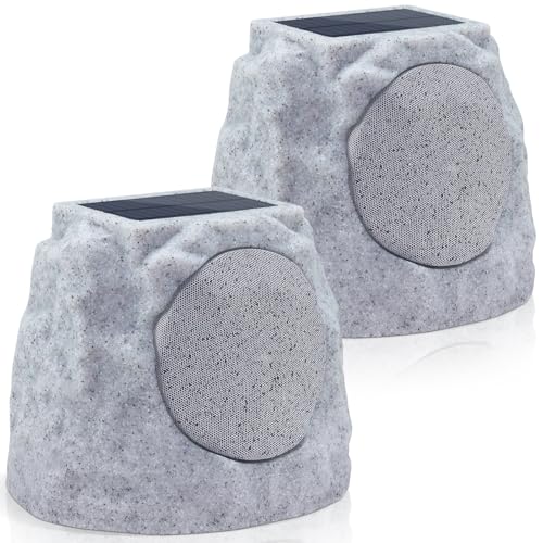 GGII 2-Pack Rock Speakers Outdoor Water-Resistant IP44, Multi-Sync Up to 100 Speakers, Solar-Powered Rock Speaker with Light for Patio Garden Party Pool Deck Yard Outside