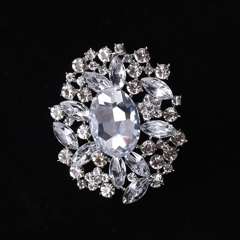 Image of Wedding Bridal Big Crystal Rhinestone Bouquet Brooch Pin for Women (Silver Vintage Flower)