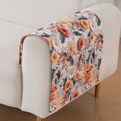 Image of HOKIPO 'Nature Muse' Premium HD Printed Holland Velvet Sofa Armrest Covers with Pockets | 1 Pair | Marigold Bloom (IN-921-L-D7*2)
