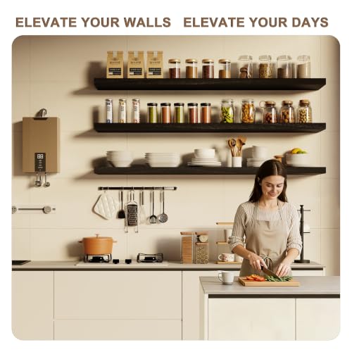 Image of 60 Inch Extra Deep Floating Shelves Set of 3-12 inch Wide Solid Paulownia Wood Wall Mounted Shelves, Black Wood Finish, Heavy Duty Long Display Ledge for Kitchen, Living Room & Home Office