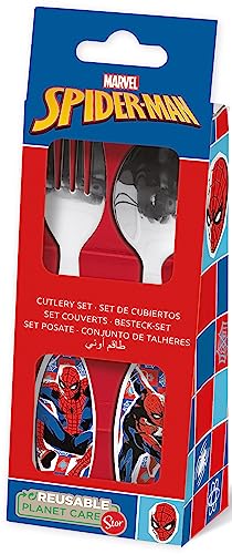Marvel Spiderman - Cubertería de acero inoxidable con puntas redondeadas, 2 piezas, color azul y rojo