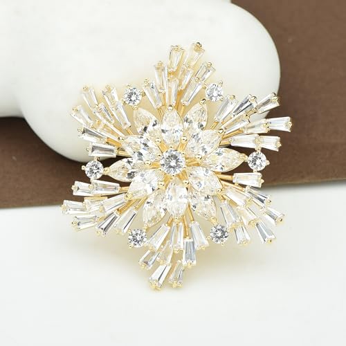 Image of Women's Cubic Zircon Snowflake Brooch Pins Elegant Clear Crystal Ice Flower Lapel Pin Breastpin