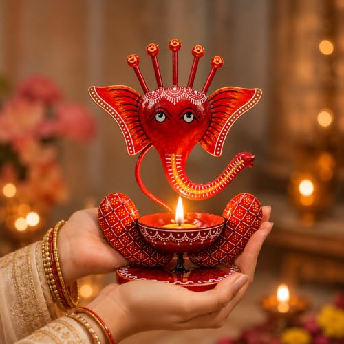 Image of Ganesha Iron Diya Holder - Handpainted Metal Tealight Candle Holder for Home Temple & Pooja Room | 11 Inch Decorative Showpiece, Diwali & Housewarming Gift (Red)