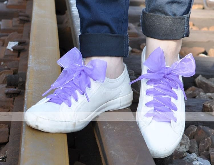 18 pares de cordones de satén para zapatos deportivos, cordones planos de encaje para mujeres y niñas, 1.6 in de ancho, 1 par morado 3