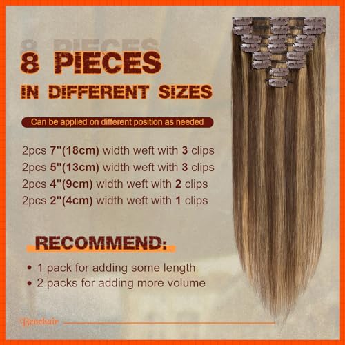 Image of Benehair Human Hair Clip in Extensions Balayage Medium Brown Mix Dark Blonde Highlight Hair Extensions for Women Long Straight Remy Natural Full Head 8pcs 8inch No Tape No Glue #4P27