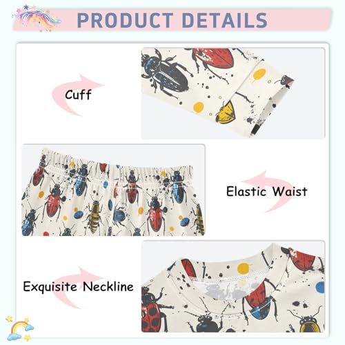 Pajama Sets Long Sleeve Beetle Pattern Print on Fabric Soft Comfy Sleepwear 2 Piece PJS 3-8T4