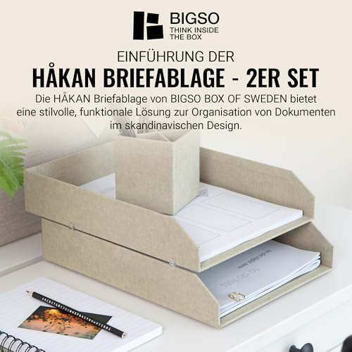 BIGSO Hakan 2er-Set Briefablage A4 – Aufbewahrungsbox stapelbar mit Griff – Schreibtischablage für Briefe, Dokumente & Unterlagen – Ordnungssystem aus Faserplatte mit Papier – beige
