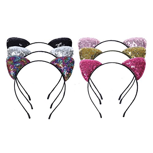 Glitter Cat Ears Headbands Christmas Gift – AWAYTR 6Pcs Shine Sequins Kitty Cats Crown Hair Hoop Hairband Hair Accessories for Girls (Multicolor-A)