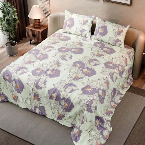Image of BLISSHOME SoftTouch 140TC Cotton King Size Printed Bedsheet with 2 Pillow Covers for Double Bed, Silky Smooth Bedding Set, Breathable, Easy Maintain, Floral Print - White, Pink