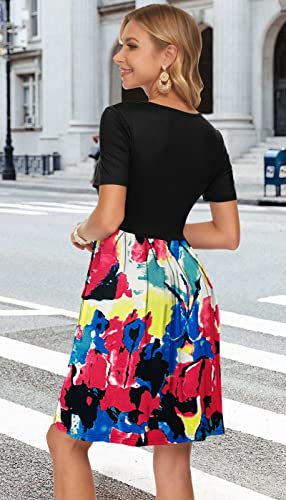 Image of AUSELILY Women's Short Sleeve Pleated Swing Summer Dress with Pockets | Knee-length short sleeve dress, empire waist & pockets, ideal for casual daily wear and vacation